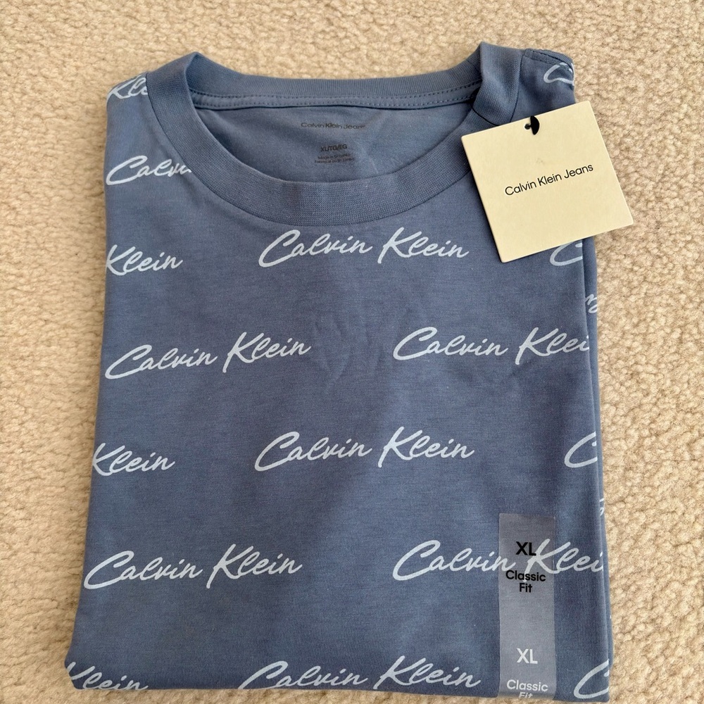 NWT Calvin Klein Women’s Slate Blue Script Logo Crew T-Shirt